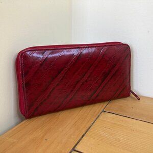 Eel Skin Organizer Wallet Red Vintage Zip Closure Clutch Multi-Pocket 7" Long